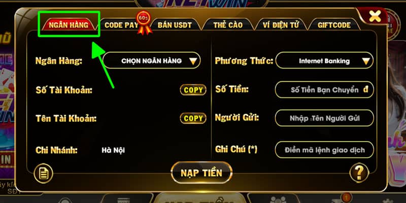 Người chơi cần chọn hình thức nạp qua ngân hàng Người chơi cần chọn hình thức nạp qua ngân hàng