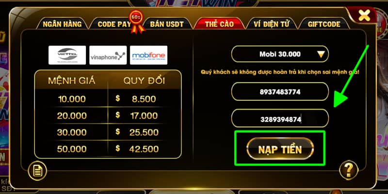 Chọn phương thức nạp là ví điện tử Chọn phương thức nạp là ví điện tử
