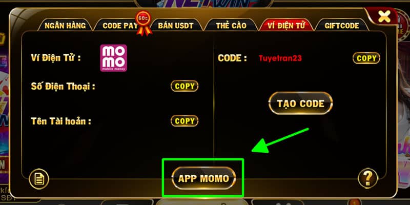 Ấn chữ app momo để được chuyển hướng qua ứng dụng nạp tiền Ấn chữ app momo để được chuyển hướng qua ứng dụng nạp tiền