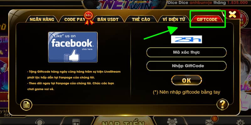 Chọn hình thức nạp tiền là Giftcode Chọn hình thức nạp tiền là Giftcode