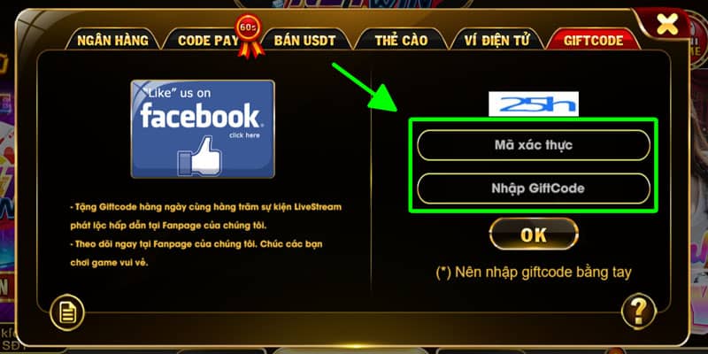 Điền mã xác thực và Giftcode đã được nhận vào đây Điền mã xác thực và Giftcode đã được nhận vào đây