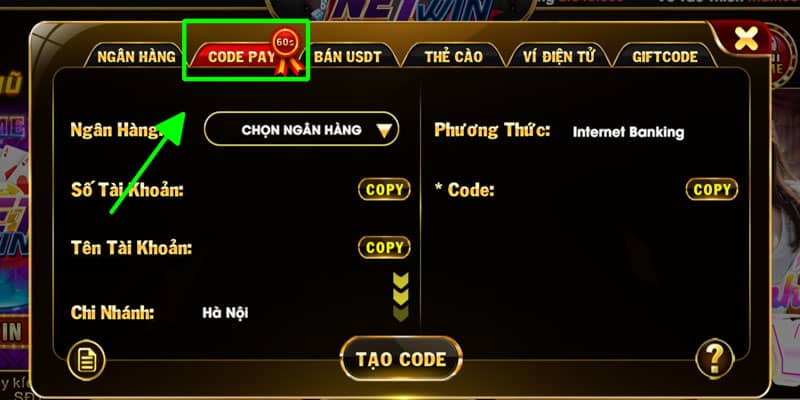 Chọn hình thức nạp qua Code Pay Chọn hình thức nạp qua Code Pay