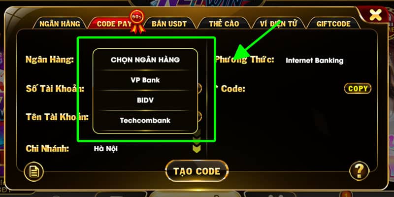 Chọn ngân hàng thụ hưởng Chọn ngân hàng thụ hưởng