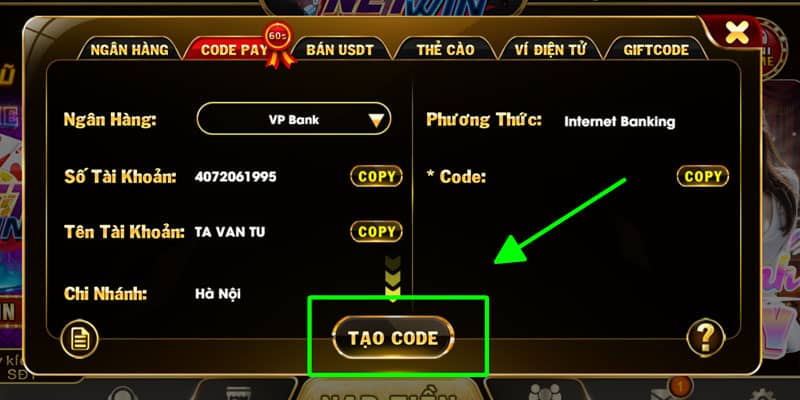Nhấn vào tạo code Nhấn vào tạo code