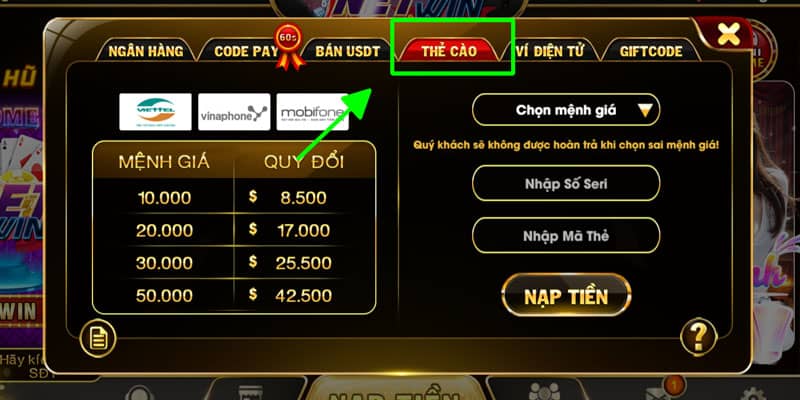 Chọn nạp bằng thẻ cào Chọn nạp bằng thẻ cào