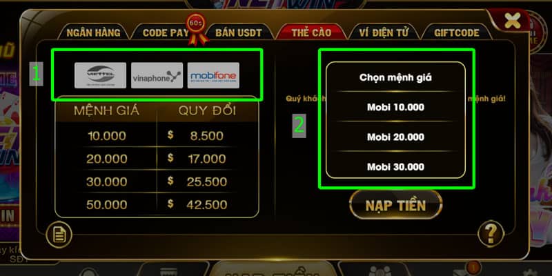 Chọn nhà mạng và mệnh giá nạp Chọn nhà mạng và mệnh giá nạp
